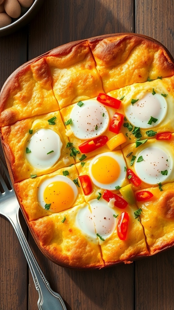 A hearty 8-egg breakfast casserole with bell peppers and cheese, sliced and garnished with herbs on a wooden table.